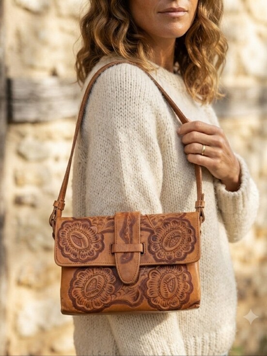 Flores' Bags Handbags - Handcrafted Vintage Tooled Leather Shoulder Bag - Flores' Bags